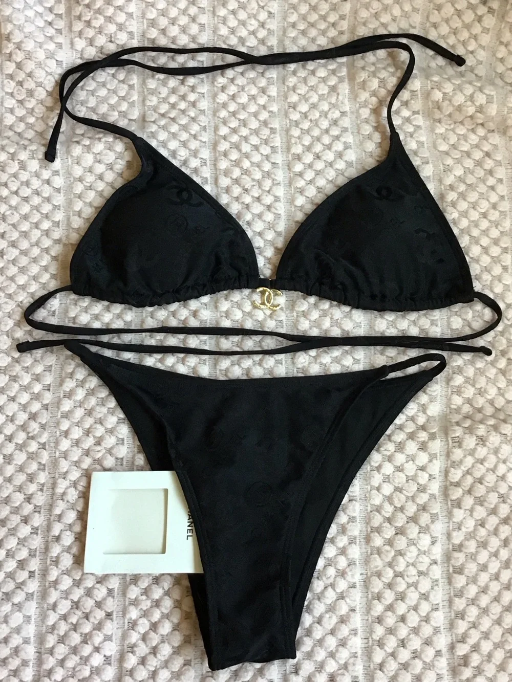 CHANEL Black Logo Triangle Bikini with Gold CC Charm